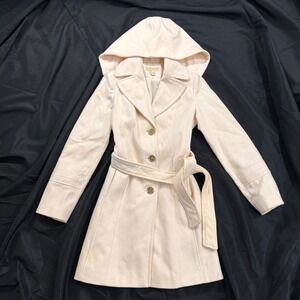 Michael Kors Wool Blend Hooded Belted Gold Button‎ Pea Coat Jacket Size 2